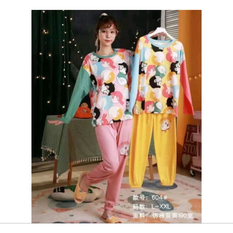 BAJU TIDUR IMPORT PP JOGER LD 125 / PIYAMA LENGAN PANJANG CELANA PANJANG PINK