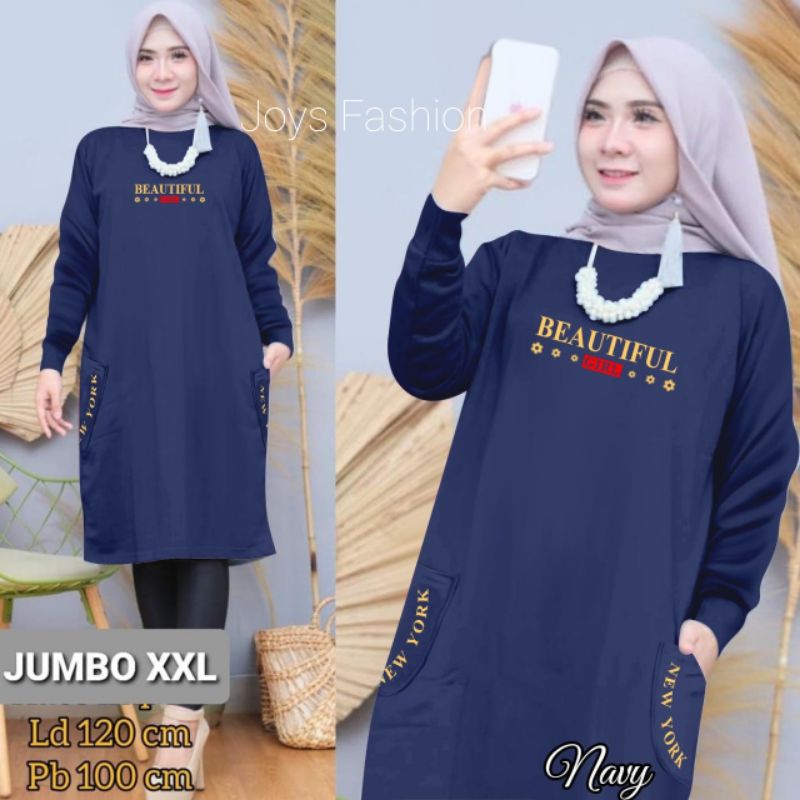 JF Tunik Kaos Wanita Lengan Panjang Jumbo Babyterry Xxl Dewasa Terbaru BEAUTIFUL LD 120 PJ 100