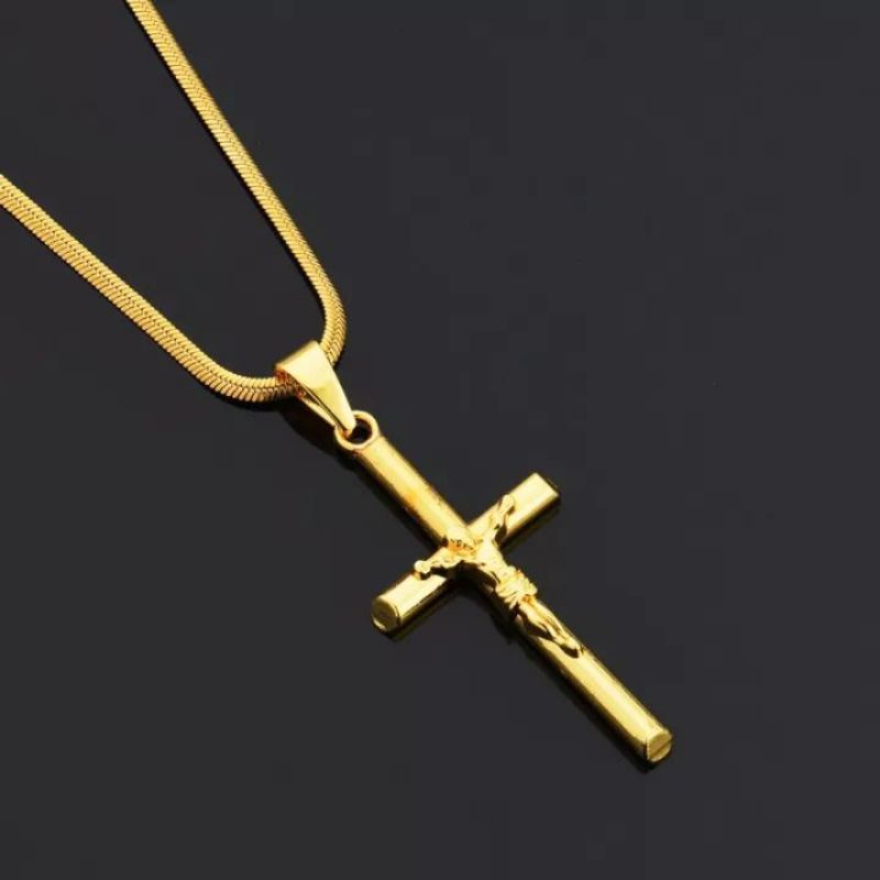 Kalung Liontin Salib Jesus Besar Titanium Gold Pria Wanita Korea Keren