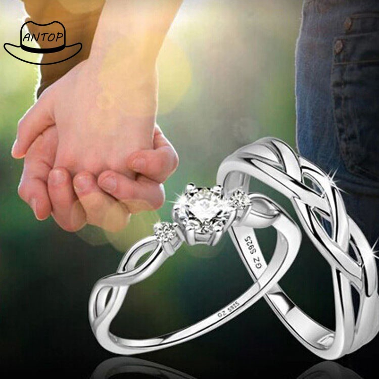 2 Pcs 925 Silver Cincin Berlian Mode Pasangan Wanita Perhiasan Cincin Ring B1 Antop