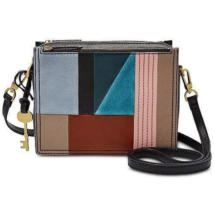 tas Fossil Campbell Crossbody Patchwork Leather multi blue Original