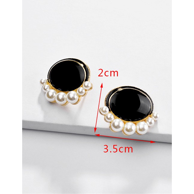 LRC Anting Tusuk Fashion Black Alloy Dripping Pearl Scallop Stud Earrings D75971