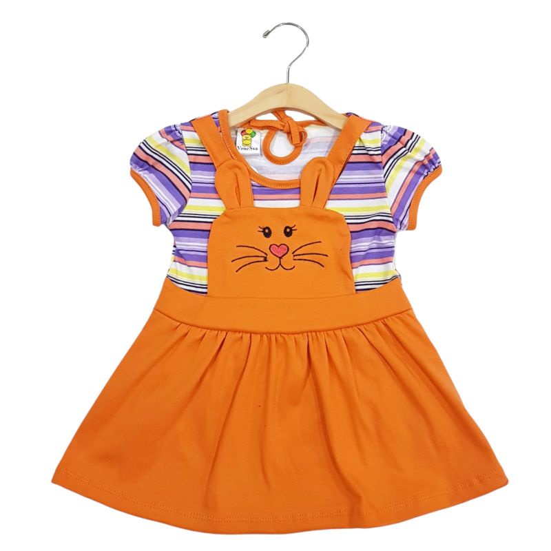 DRESS FASHION ANAK PEREMPUAN 1 TAHUN MOTIF CAT SALUR BORDIR ORANGE'S PINK FANTA