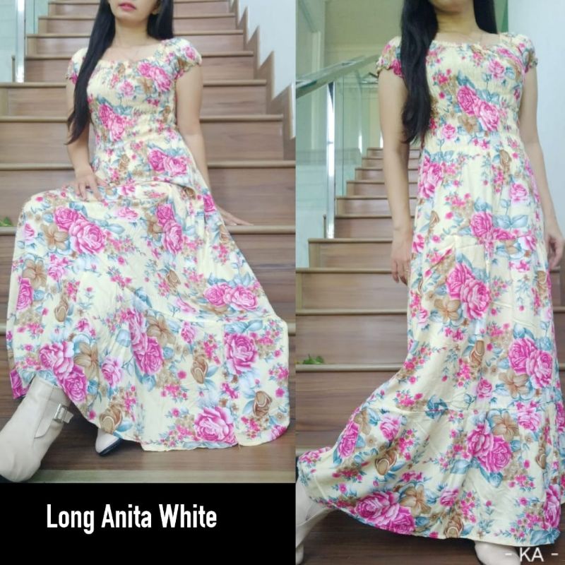 Daster Panjang Serut Dada Rayon Adem Longdress Cantik Bunga Sakura Natasha-Anita white