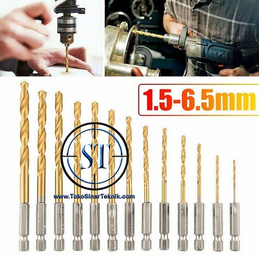 13 Pcs Mata Bor Drill Bit Set Quick Change Hex HSS Titanium Coated Plated 1.5-6.5mm 1/4&quot; Ulir Shank Hexagonal Handle Set 13 Buah