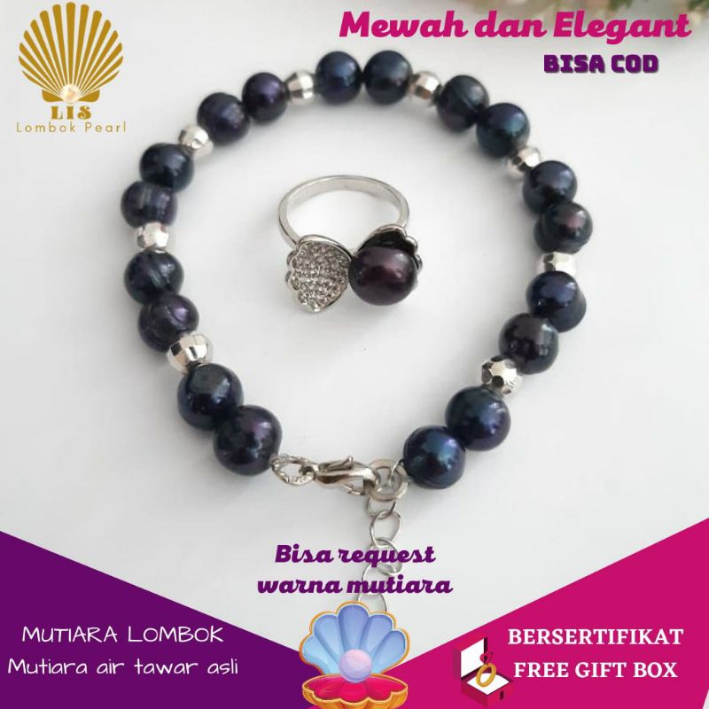 GELANG CINCIN MUTIARA LOMBOK MUTIARA AIR TAWAR WARNA HITAM CINCIN KERANG TERBUKA