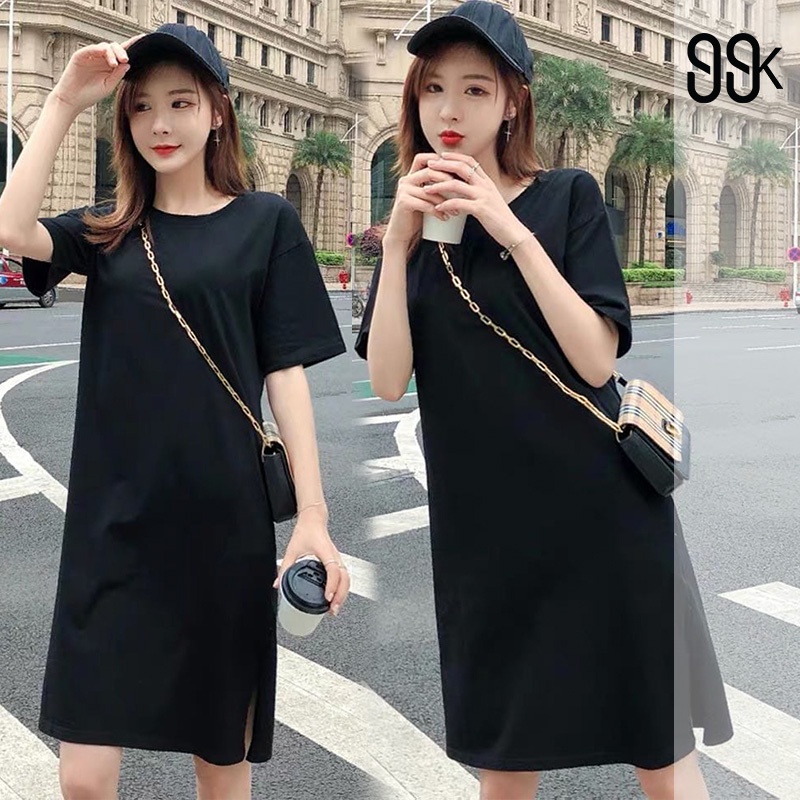 Dress Basic Oversize Midi Dress Short Sleeve Dress Wanita Lengan Pendek 1037 (S/M/L) (V8Q4) Dress Wa