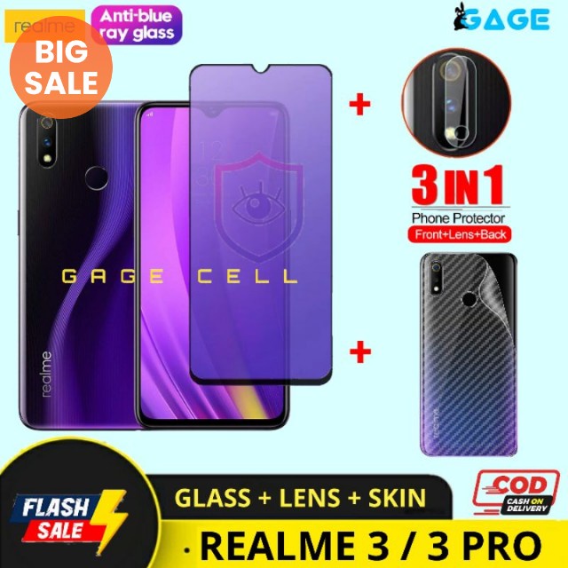 3in1 Tempered Glass Anti Blue Light Realme 3 / 3 Pro TG Antigores Radiasi Realmi 3pro Full Layar