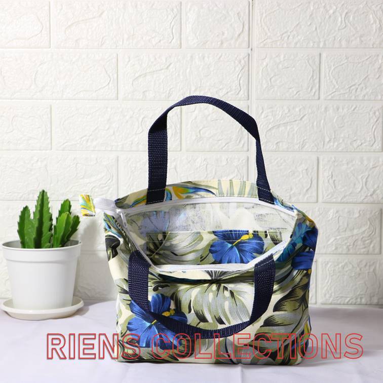 RIENS COLLECTIONS. HANDBAG KANVAS KECIL MOTIF BUNGA SEPATU BIRU