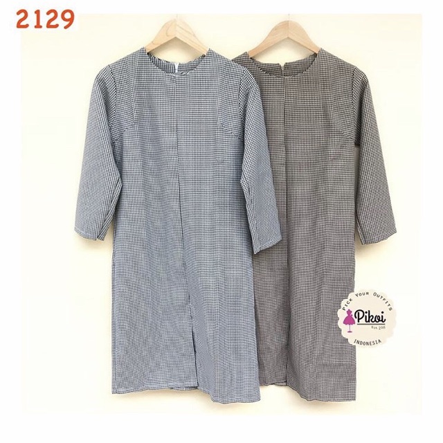 Dress linen murah / dress kotak cantik / dress lengan panjang lucu / dress korean style murah / 2129