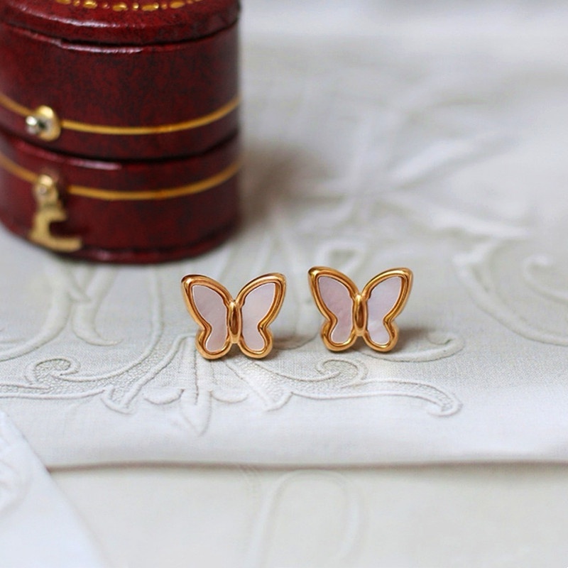 Anting Titanium Kupu-Kupu Fritillaria Premium Lapis Emas 18K Anti Karat Perhiasan Korea