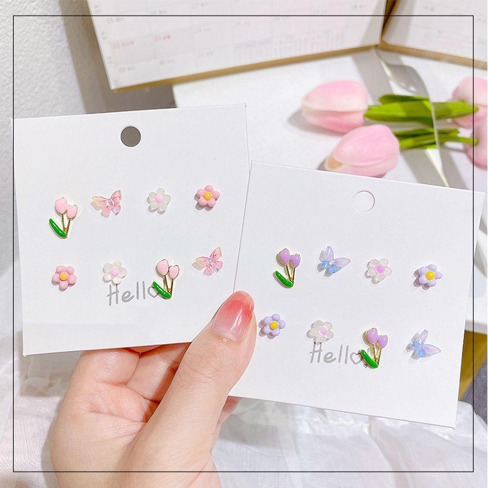 R-flower 8PCS/SET Anting Bunga Kupu-Kupu Fashion Wanita Pesta Perhiasan Mini Studs Earrings