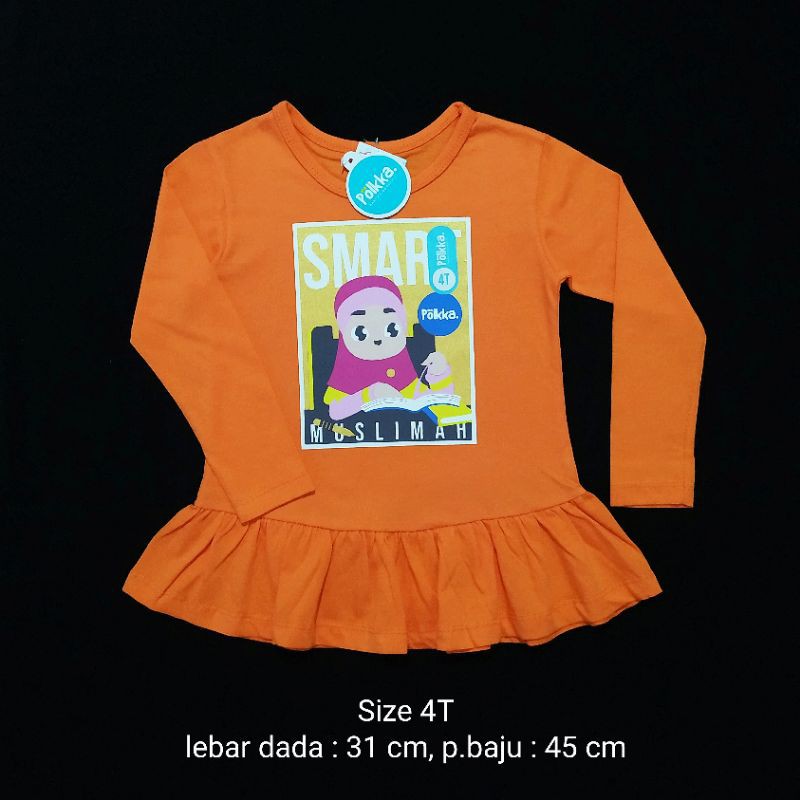 Polkka Tunik Kaos Anak Cewek Muslim 3T - 4T Lengan Panjang "Orange"