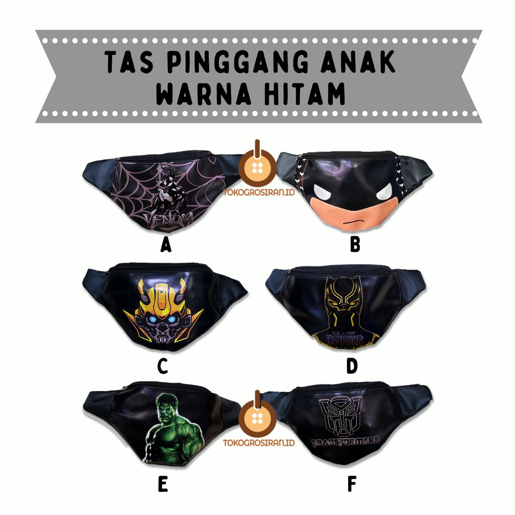 TAS PINGGANG ANAK MURAH SUPERHERO WARNA HITAM HULUK BATMEN BAMBEL BLACK PANTHER WAIST BAG ANAK MURAH