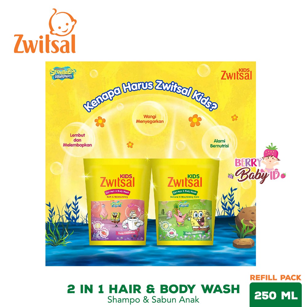 Zwitsal Kids 2in1 Hair &amp; Body Wash Spongebob Sabun &amp; Shampo Anak Refill Berry Mart