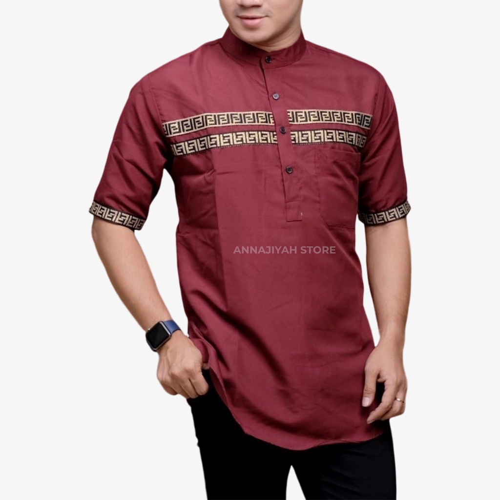 Kemeja Koko Kemko Kurta FF Lengan Pendek  / Baju Taqwa Moslem Pria bahan Katun