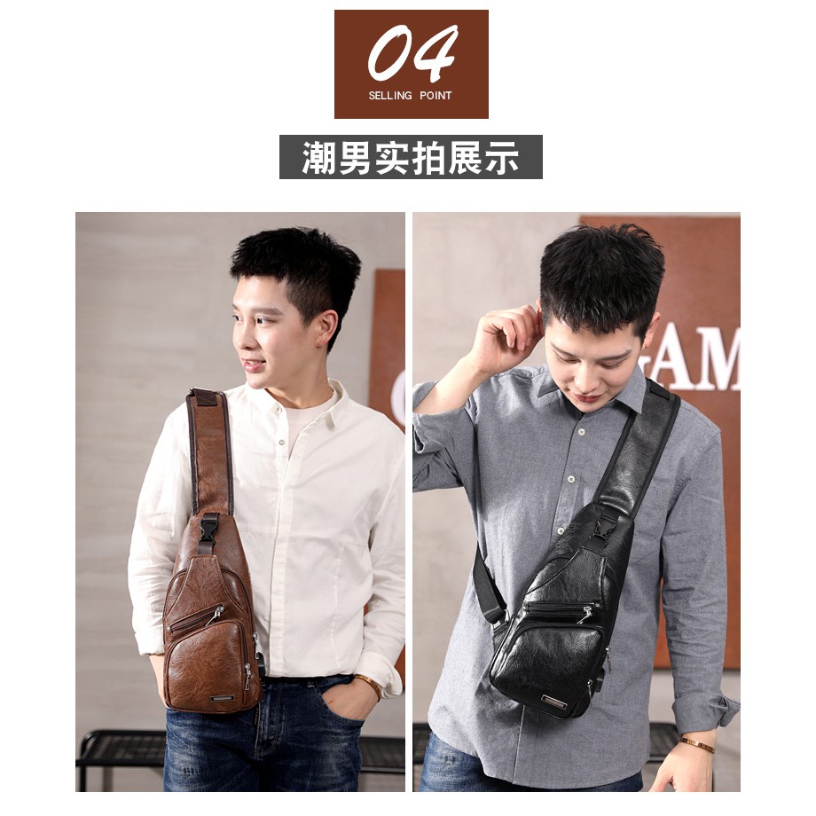 Tas Selempang Charging USB Sport Kulit Pria Shoulder Bag Men's Casual Import