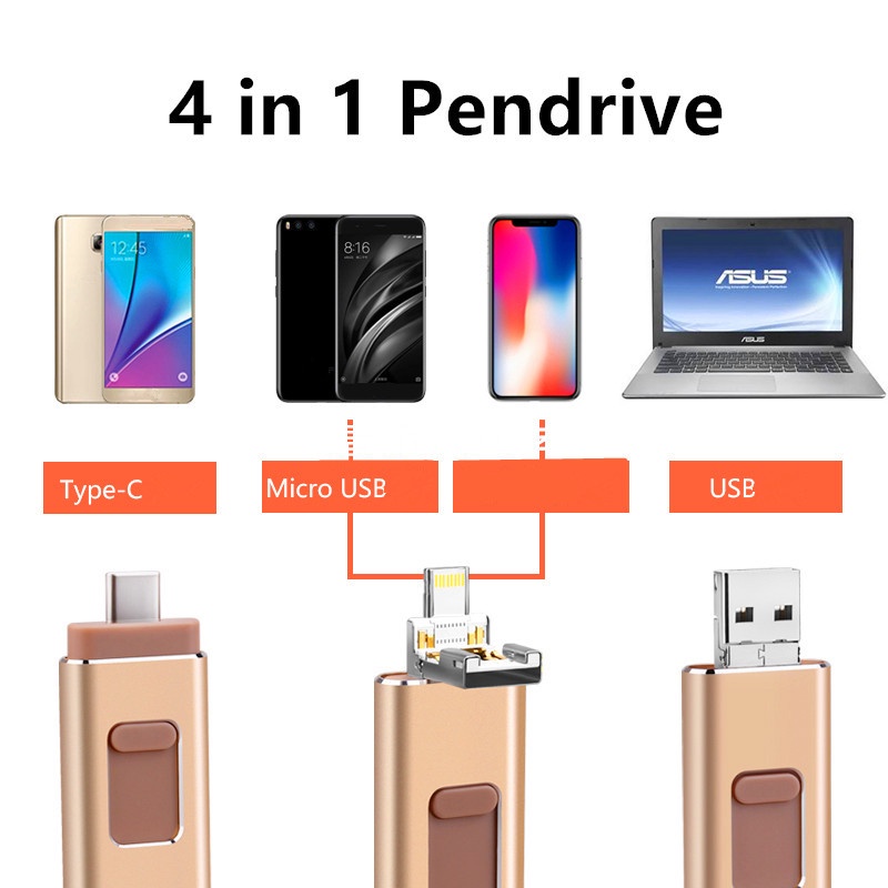 4 in 1 USB 3.0 Flash Drive Untuk Semua Ponsel 512GB USB OTG Pen Drive Bahan Metal