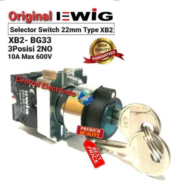 Selector Switch With Key EWIG 22mm XB2-BG33 3Posisi 2NO 10A/600V.