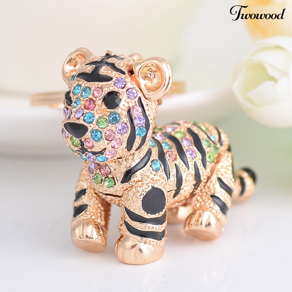 Twowood Key Ring Vivid Rhinestone Decor Multi-Color 3D Tiger Pendant Charming Key Chain for Purse