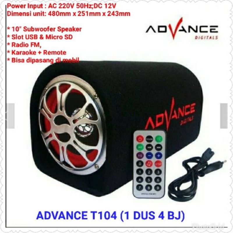 Speaker Bluetooth Advance T-104BT 10 Inchi/Speaker mobil Radio FM Super Bass/Salon Aktif Wireless