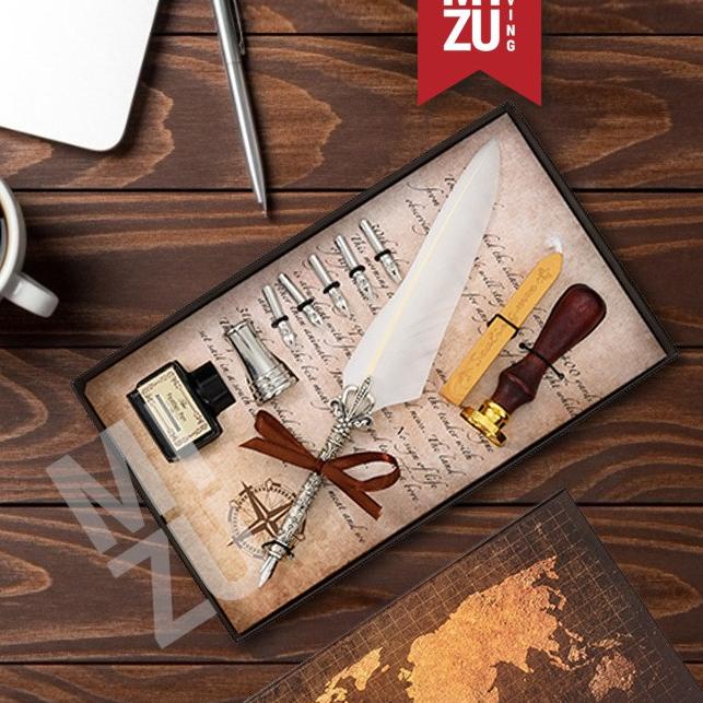 

Ready Stock,,MIZU HANEPEN WAX SEAL Calligraphy Set Feather Quill Dip Pen Bulu 6 Nibs Ink Tinta Lilin Stempel