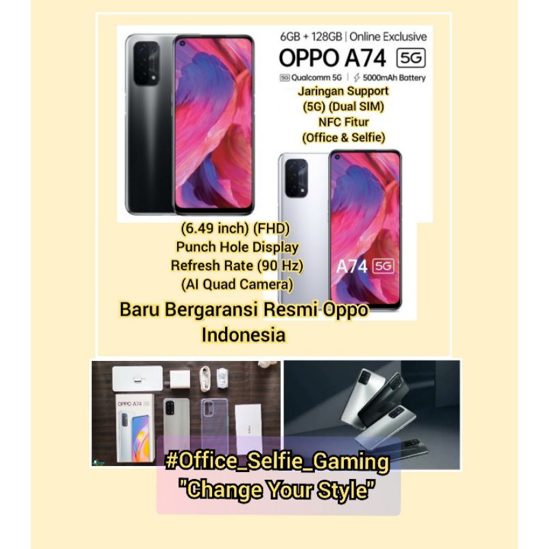 Oppo Smartphone A74 (5G-NFC) (6 GB/128 GB) (5000 mAh) Baru Segel Garansi Resmi (1 Tahun)
