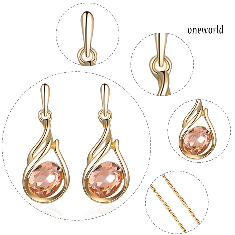 OW@ Women Rhinestone Oval Faux Quartz Pendant Ear Stud Earrings Necklace Jewelry Set