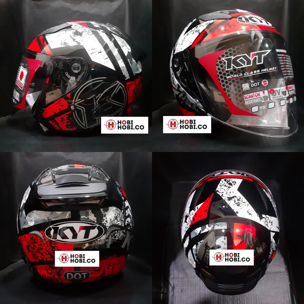 Helm KYT Galaxy Flat R Motif Seri 5 Black Red Fluo Half Face Merah Hitam Double Visor Flat visor