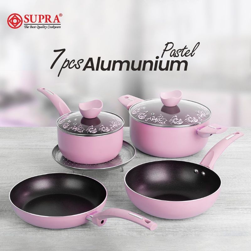 (Cod) Supra Panci Set 7 Pcs Pink Pastel / Panci Set Anti Lengket Chef Renata