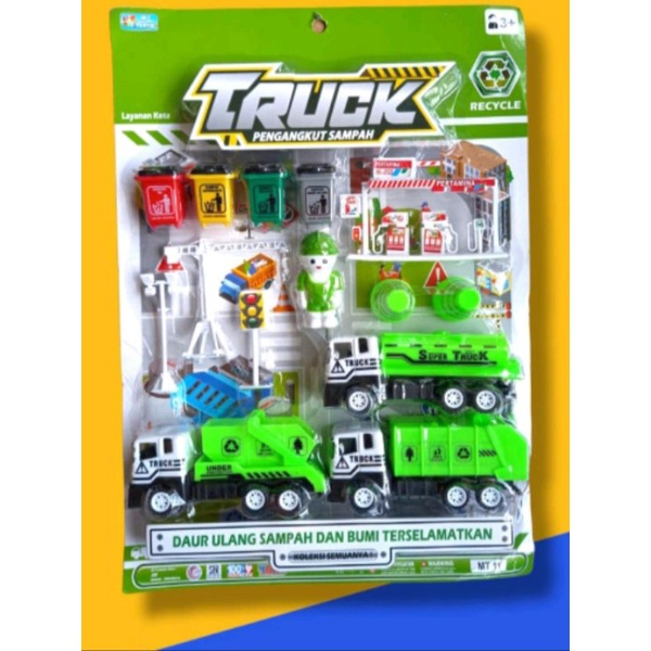 Mainan Truck Sampah isi 3 Plus Tempat Sampah Set BESAR - Mainan Anak Truk Pengangkut Sampah