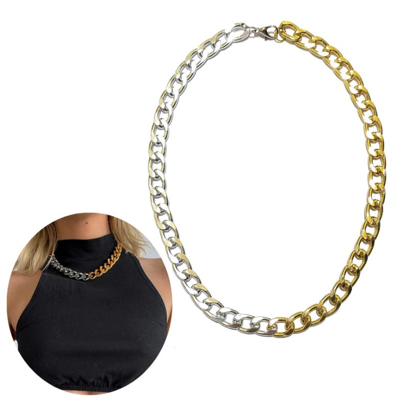 Kalung Rantai Korea Mismatch Silver and Gold Hip Hop Retro Asymetric