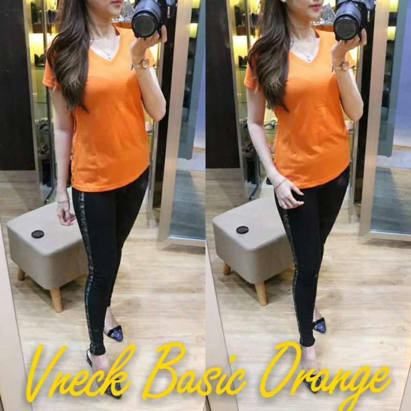 ATASAN BLOUSE V BASIC ORANGE/KAOS SPANDEK HALUS/REALPICT