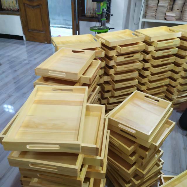 Nampan Kayu / Baki Kayu /Tray Kayu Pinus uk. 40 x 30 cm pegangan datar