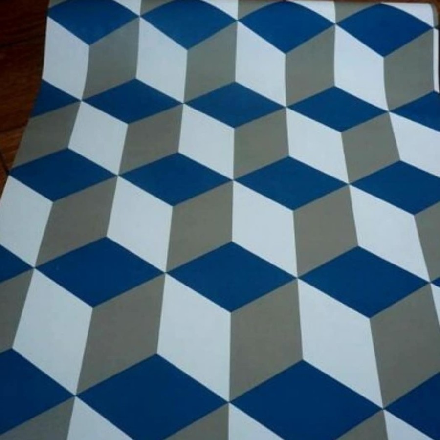 Wallpaper Dinding Motif Kotak Kubus Biru Tua 3D Ukuran 10 Meter X 45 Cm