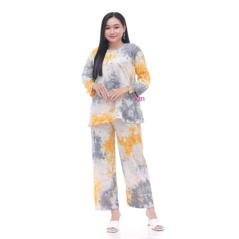Setelan CP Kaos Tiedye One Set celana panjang wanita Piyama Tie Dye Bali Adem Murah Kekinian-Kuning