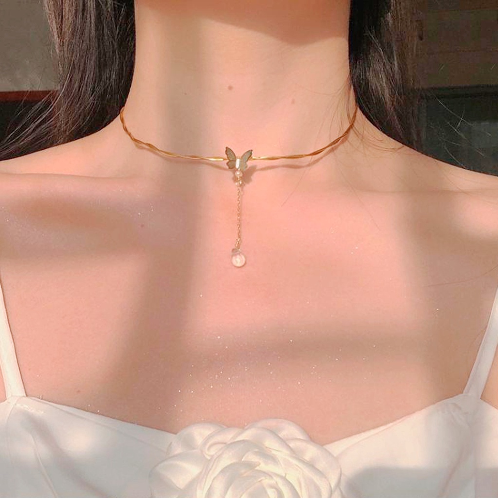 Kalung Choker Liontin Manik-Manik Kupu-Kupu Mutiara Gaya Korea Untuk Wanita