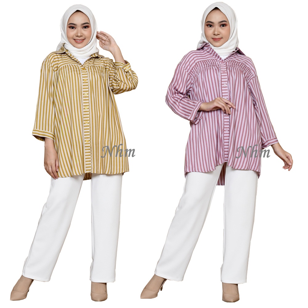 NHM Kemeja Wanita Jumbo, Baju Atasan Jumbo Motif Salur