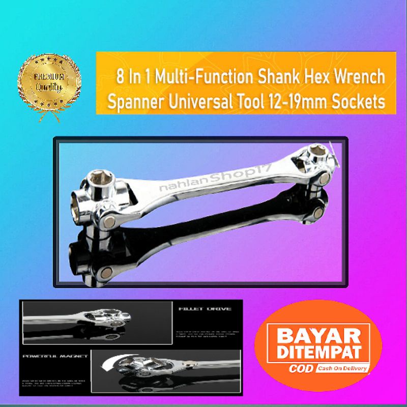 KUNCI PAS PLUS MAGNET 8 IN 1 SERBAGUNA MULTIFUNGSI HEX WRENCH UNIVERSAL 12-19MM DAN MAGNET