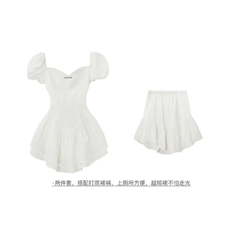 Setelan Wanita Awal Renda Lengan Kembung Gaun Putri Bengkak Pendek + Set Rok Dua potong