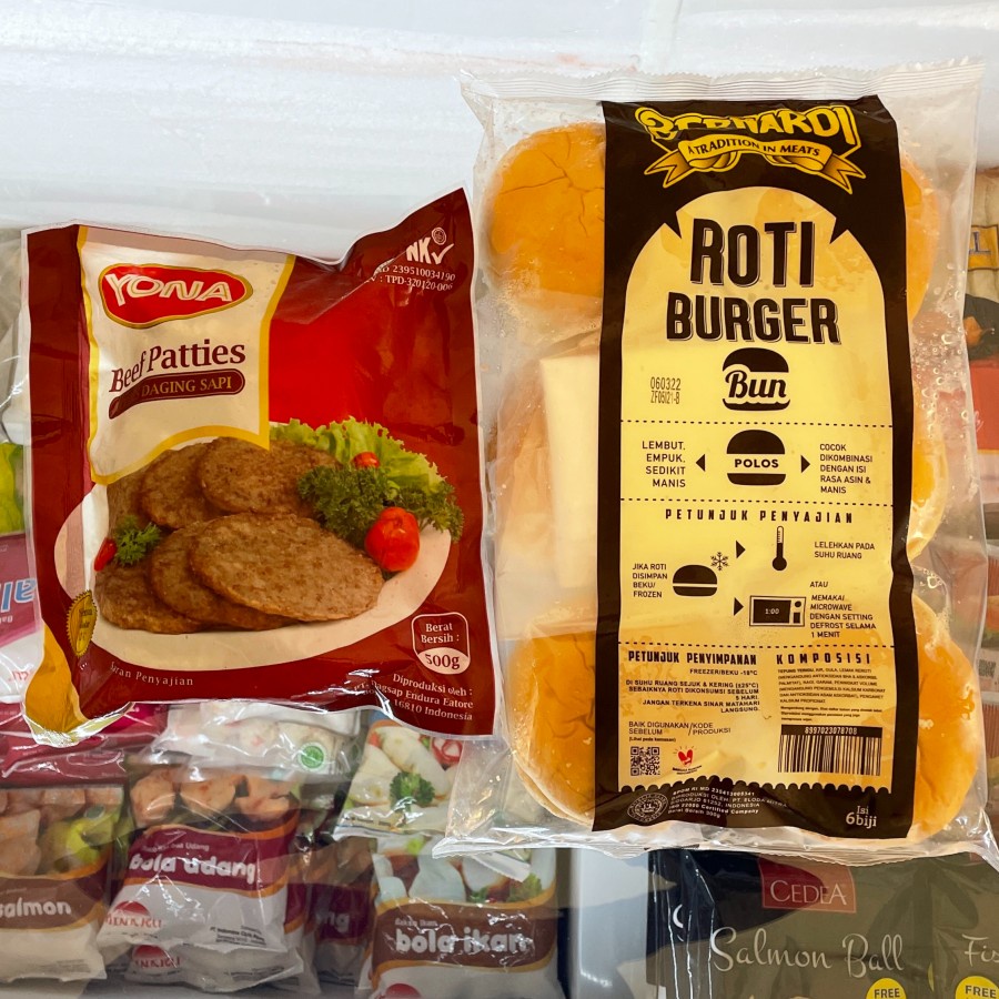 [Paket] Roti Burger Bernardi Polos dan Beef Patties Yona Isi 6pcs