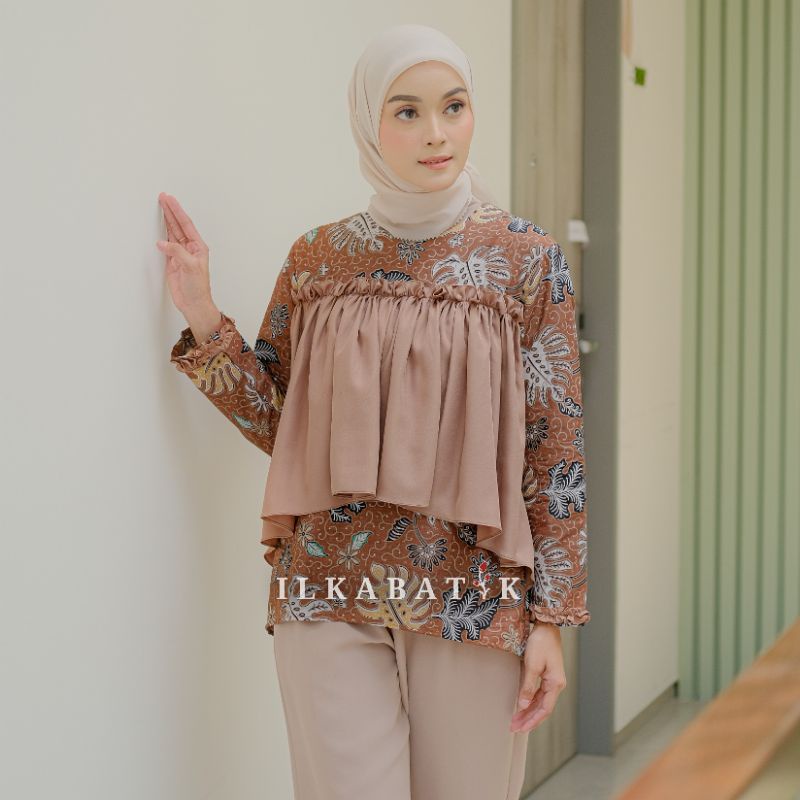 ILKABATIK Alyssa Blouse Batik Motif Floral Daun Coksu Batik Double Layer Wanita Modern