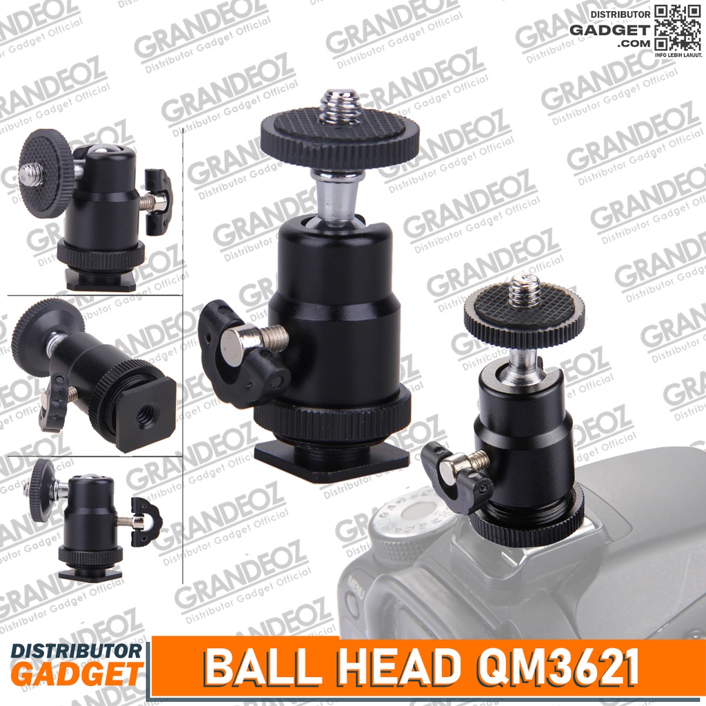 Ball Head Hot Shoe  Kamera Hot Shoe 1/4 - QM3621 Hotshoe Ballhead Rotasi Quick Release Tripod Light 