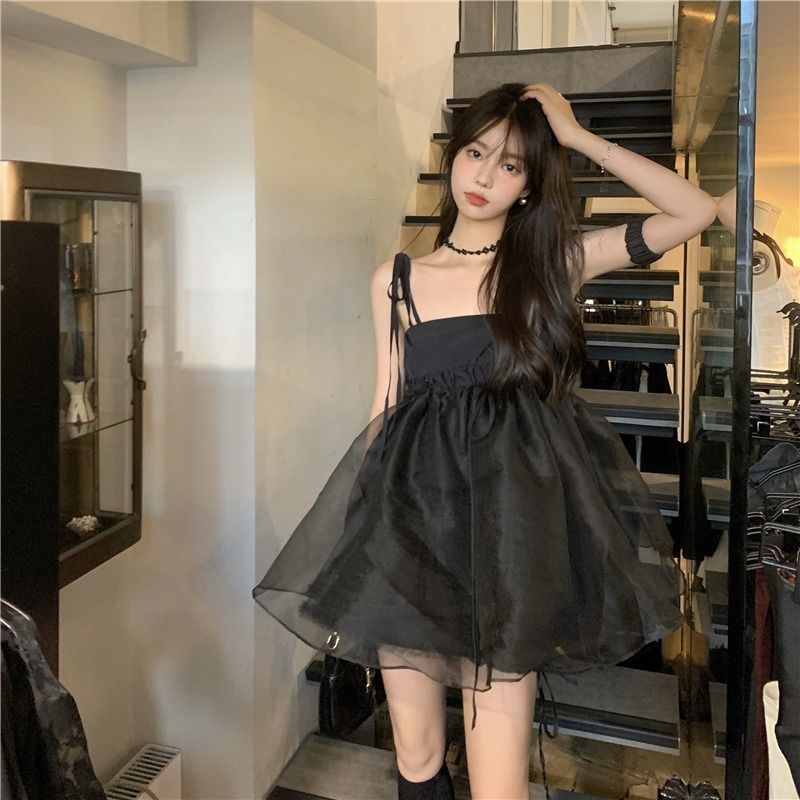 dress korean style dark suspender dress retro high waist French a-line short skirt fairy summer