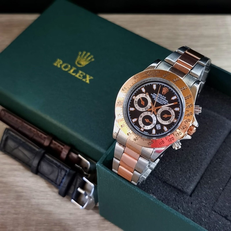 Jam Tangan Rolex Pria Super Premium B485 Sesuai Gambar Chrono Variasi Tanggal Aktif Free Kulit , Box Rolex &amp; Baterai