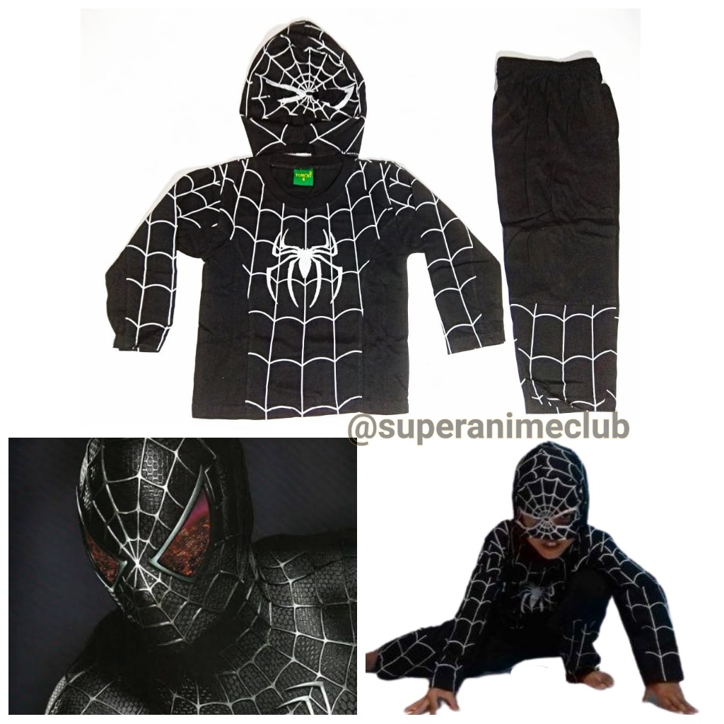 Baju Kostum Superhero Anak Spiderman Hitam Venom Setelan Panjang Karakter Topeng