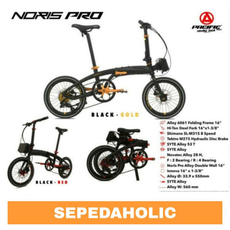 Sepeda Lipat 16 Inch PACIFIC NORIS PRO Alloy 8 Speed Hidrolik Jangkrik Garansi Resmi 5 Tahun