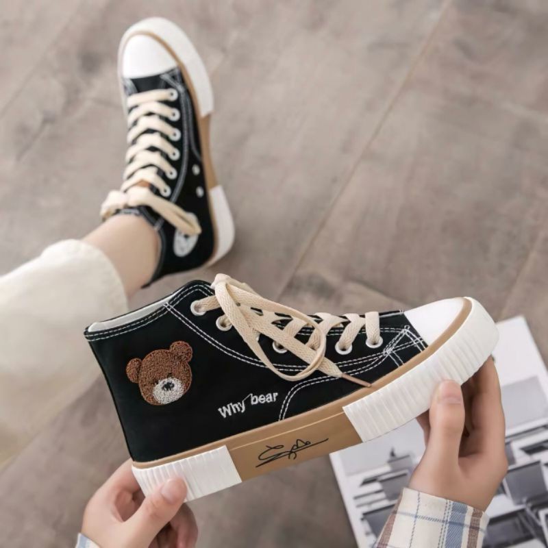 Sepatu Korea Wanita Why Bear Tinggi Hitam Coklat Import / Sepatu Sneakers Canvas Korean Style High Boot Women Fashion