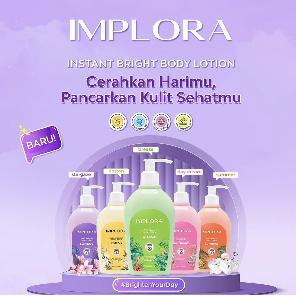 IMPLORA Instant Bright Body Lotion Indonesia / Skincare Facial Wash Essence Toner Serum Day Night Eye Cream Sunscreen Mask Masker / Lipstick Cheek Lip Tint Cream Matte Crayon Kutek Nail Polish Eyeliner Eyebrow Pensil Alis Hair Color TWC Urban / Paket Face