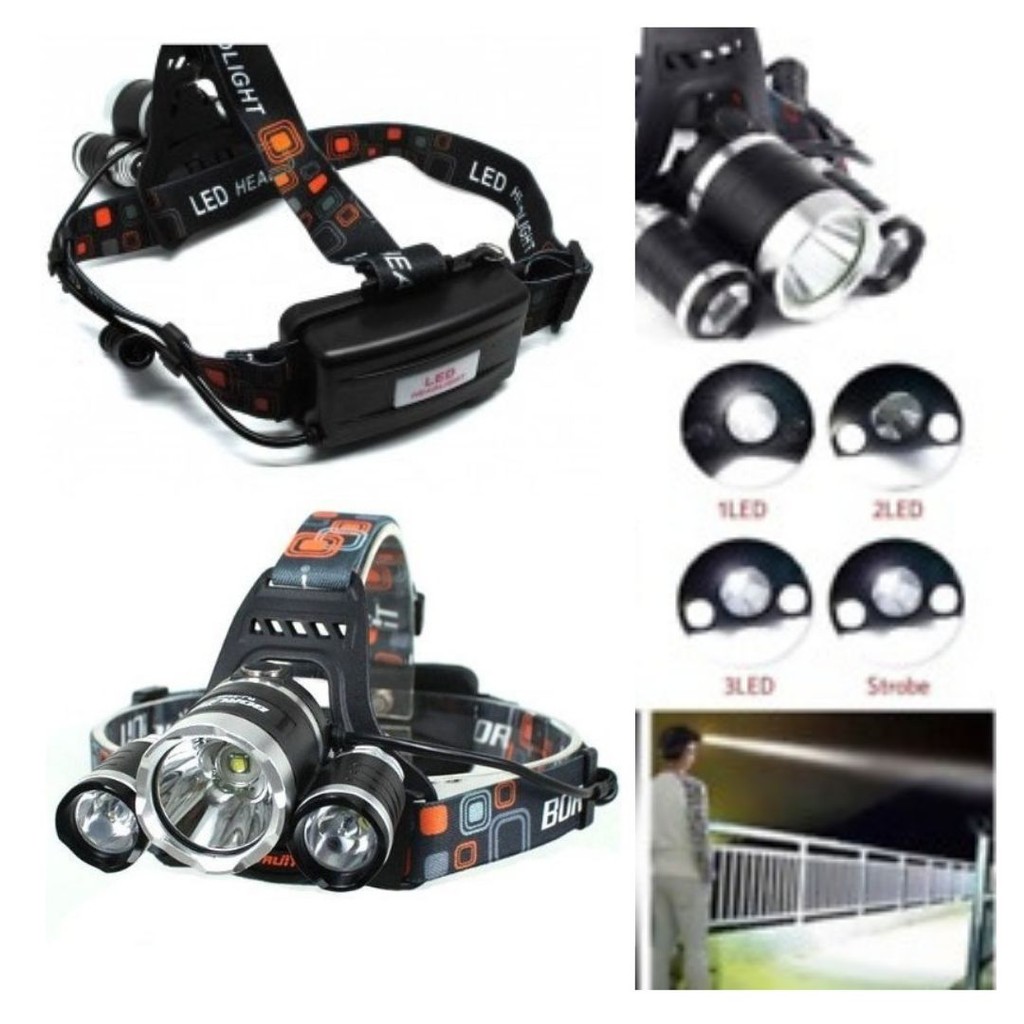 Headlamp 3 Light Lampu Senter Kepala 5.000 Lumens USB Charge 111107